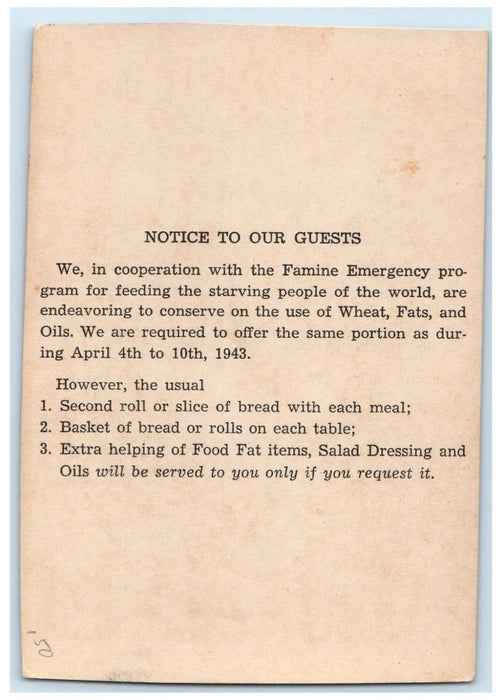 1943 Yellowstone Park Hotel Guest Notice Famine Emergency Nevada Falls Postcard