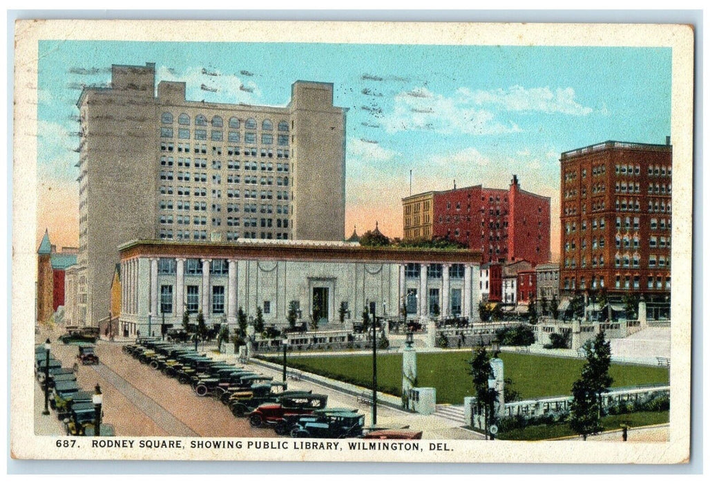 1925 Rodney Square Public Library Classic Cars Wilmington Delaware DE Postcard