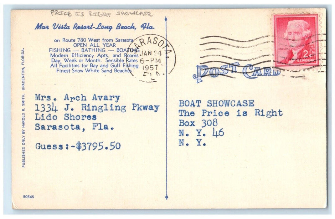 1957 Mar Vista Resort Beach Price Is Right Showcase Sarasota Florida FL Postcard