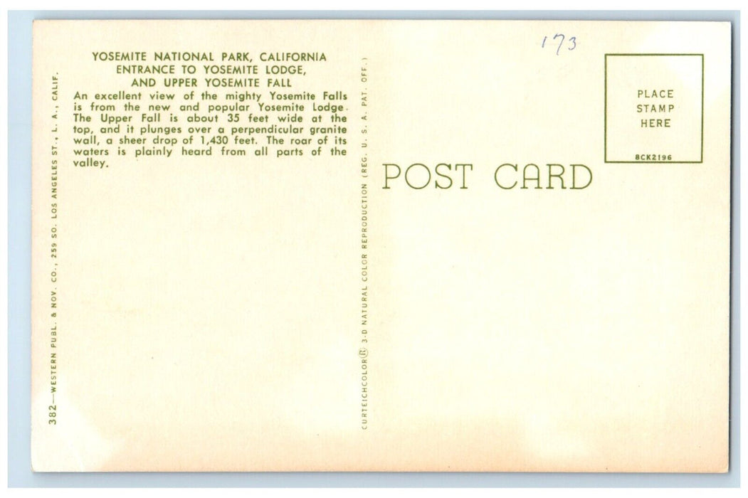 c1960s Entrance To Yosemite Lodge And Upper Yosemite Fall California CA Postcard