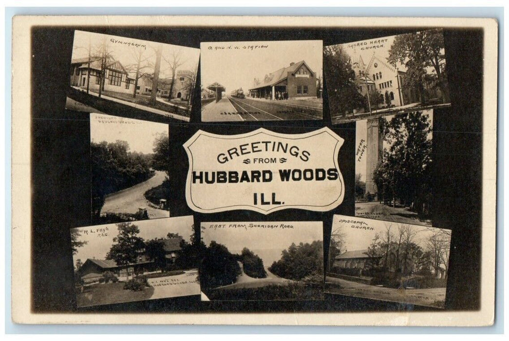 1912 Greetings Hubbard Woods Mutiview Gym Church Depot IL RPPC Photo Postcard