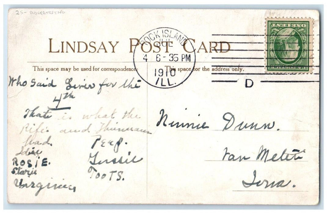 Rock Island IL, Lindsay Girl Lindsay Gas Light Gas Mantles Advertising Postcard