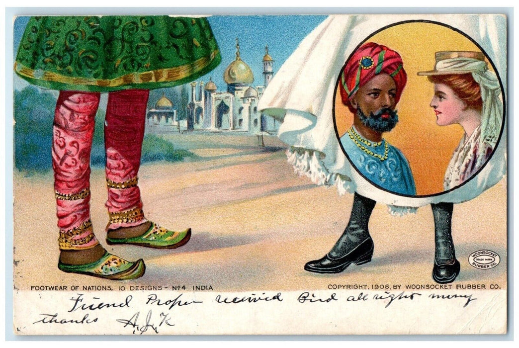 1908 Footwear Of Nations India Woonsocket Rubber Co. Shoe Advertising Postcard