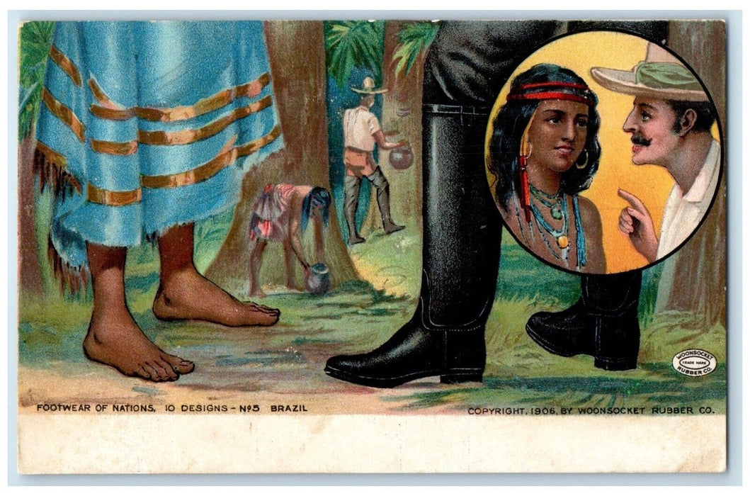 c1905 Footwear Of Nations Brazil Woonsocket Rubber Co. Shoe Advertising Postcard