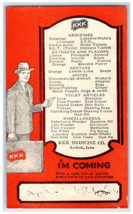 1946 Salesman KKK Medicines Co. Keokuk Kirksville Iowa IA Advertising Postcard