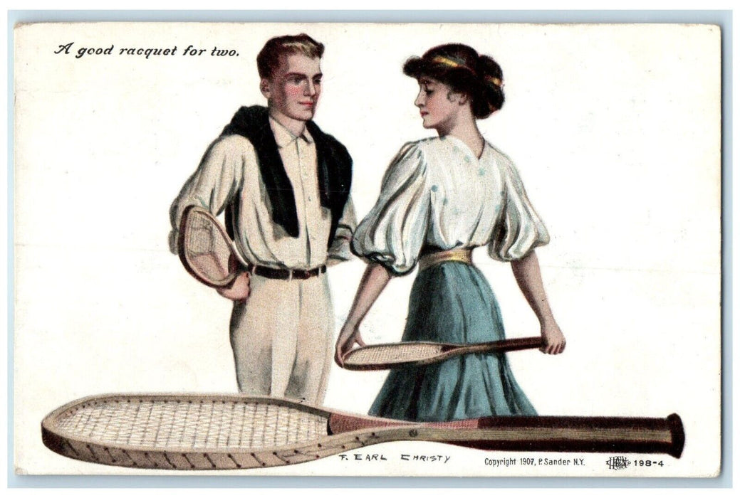 1908 Couple Romance Racquet Earl Christy P. Sander Coffeyville KS Postcard