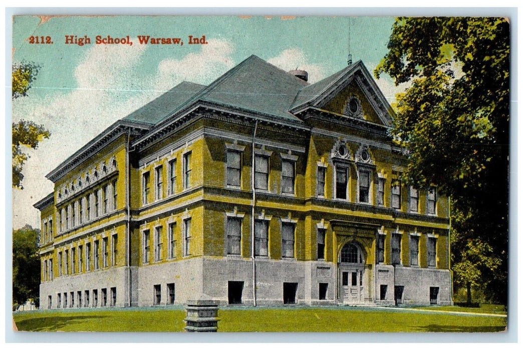 1910 High School Building Campus Warsaw Indiana IN Posted Antique Postcard