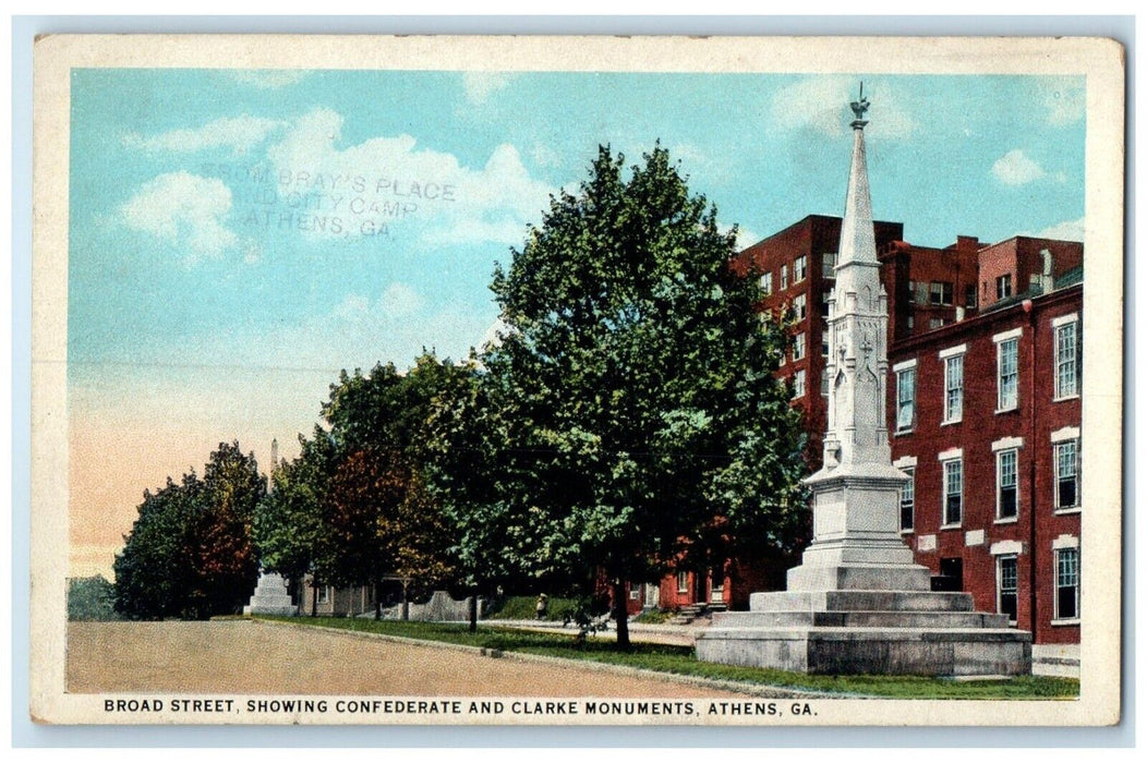 c1930 Broad Street Showing Confederate Clarke Monuments Athens Georgia Postcard