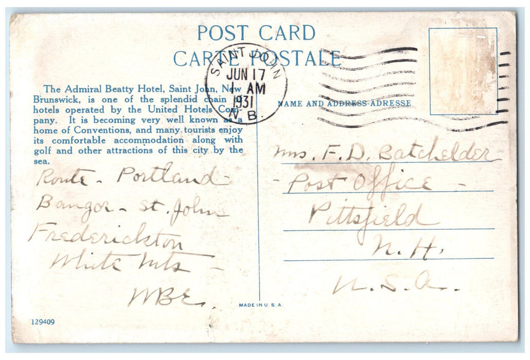 1931 The Admiral Beatty Hotel Saint John New Brunswick Canada Postcard