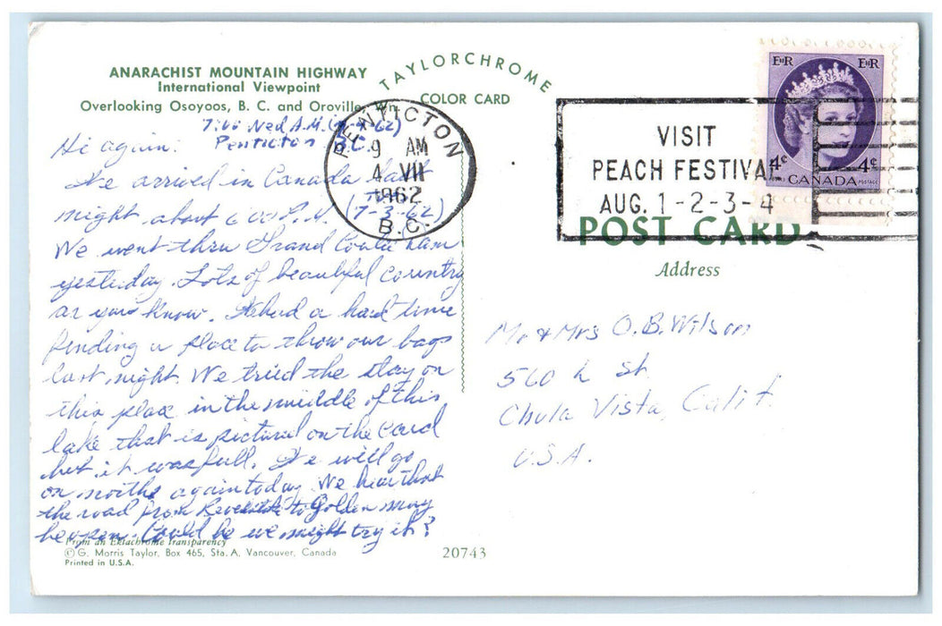 1962 Anarachist Mountain Highway International Viewpoint BC Canada Postcard