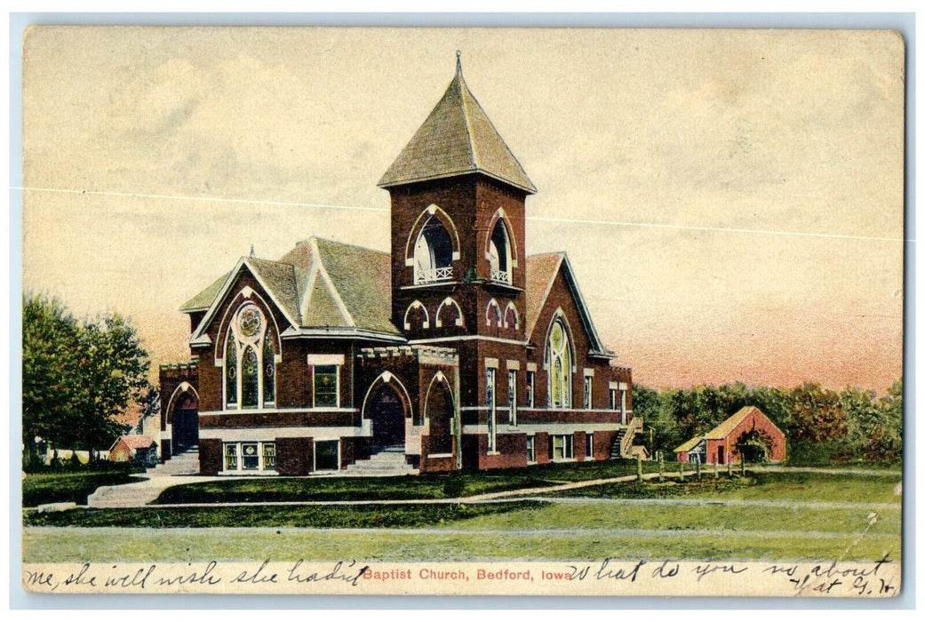 1909 Baptist Church Scene Street Bedford Iowa IA Posted Antique Postcard