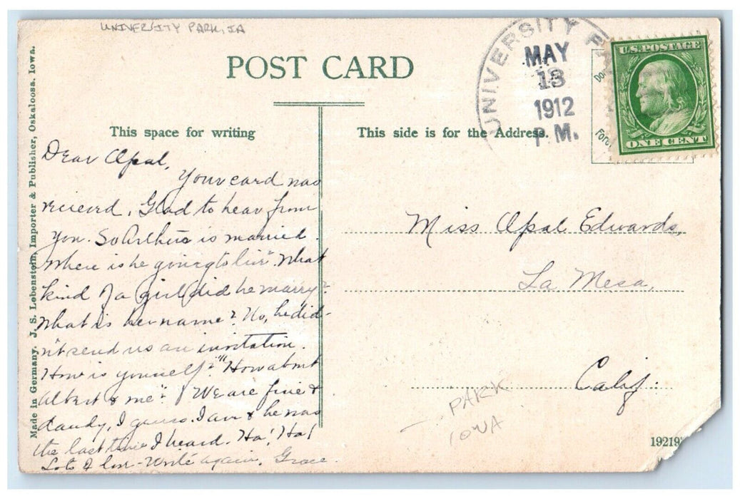 1912 Library Building Oskaloosa University Park Iowa IA Posted Antique Postcard