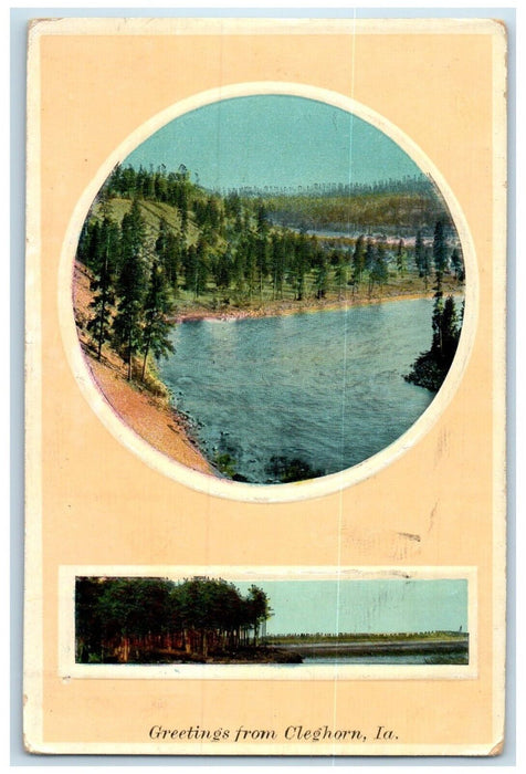 1911 Greetings From Cleghorn Iowa IA, Lake View Embossed Posted Antique Postcard