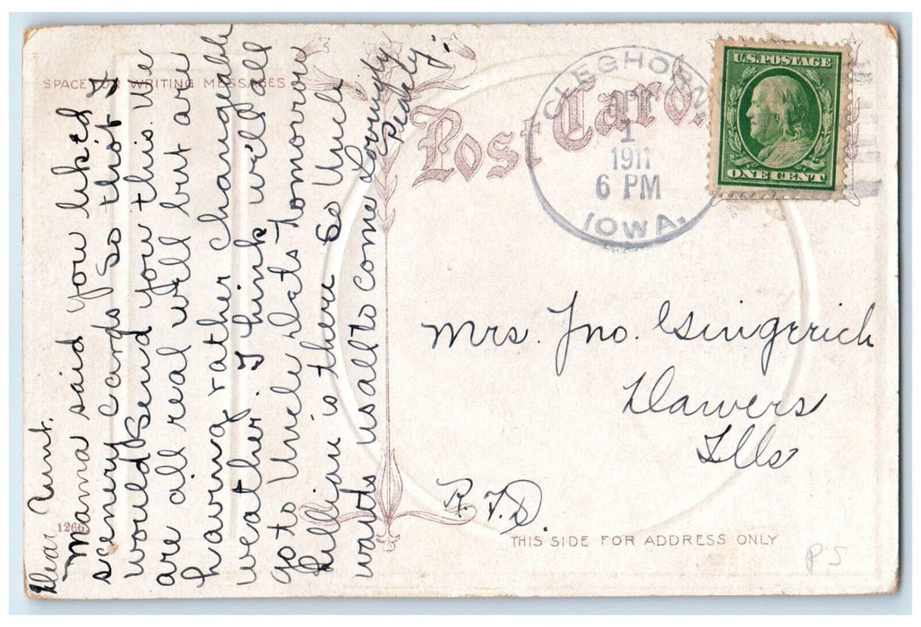 1911 Greetings From Cleghorn Iowa IA, Lake View Embossed Posted Antique Postcard