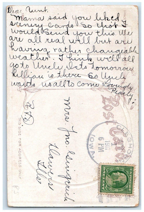 1911 Greetings From Cleghorn Iowa IA, Lake View Embossed Posted Antique Postcard