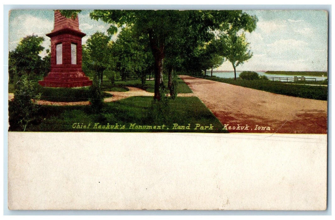 1923 Chief Keokuk's Monument Rand Park Keokuk Iowa IA, Lake Scene Postcard