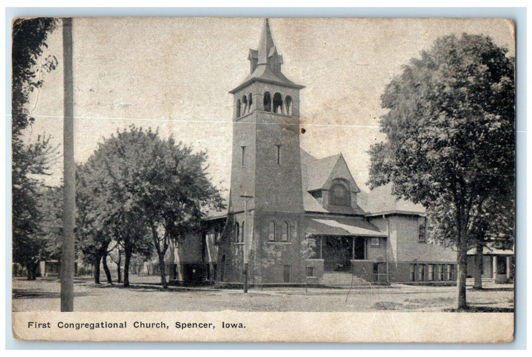 c1910's First Congregational Church And Trees Spencer Iowa IA Antique Postcard