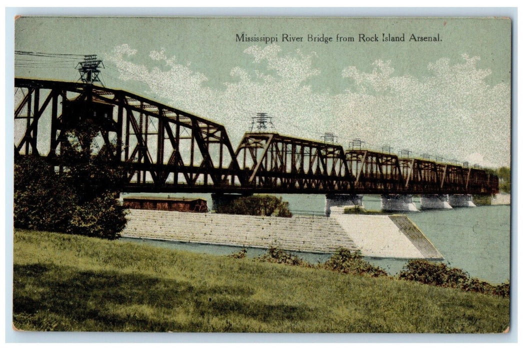 c1910's Mississippi River Bridge From Rock Island Arsenal Illinois IL Postcard