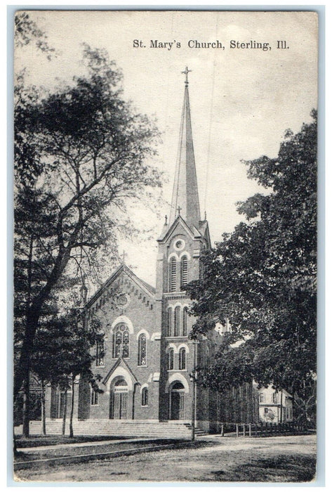 1908 St. Mary's Church Sterling Illinois IL, Dirt Road Trees Antique Postcard