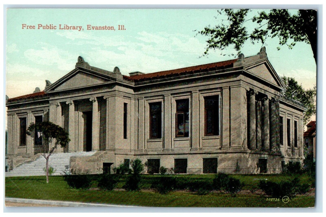 c1910's Free Public Library Building Scene Street Evanston Illinois IL Postcard