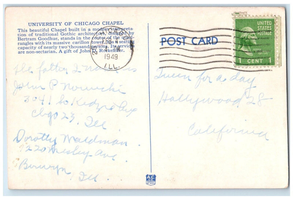 1949 University Of Chicago Chapel Chicago Illinois IL Posted Vintage Postcard