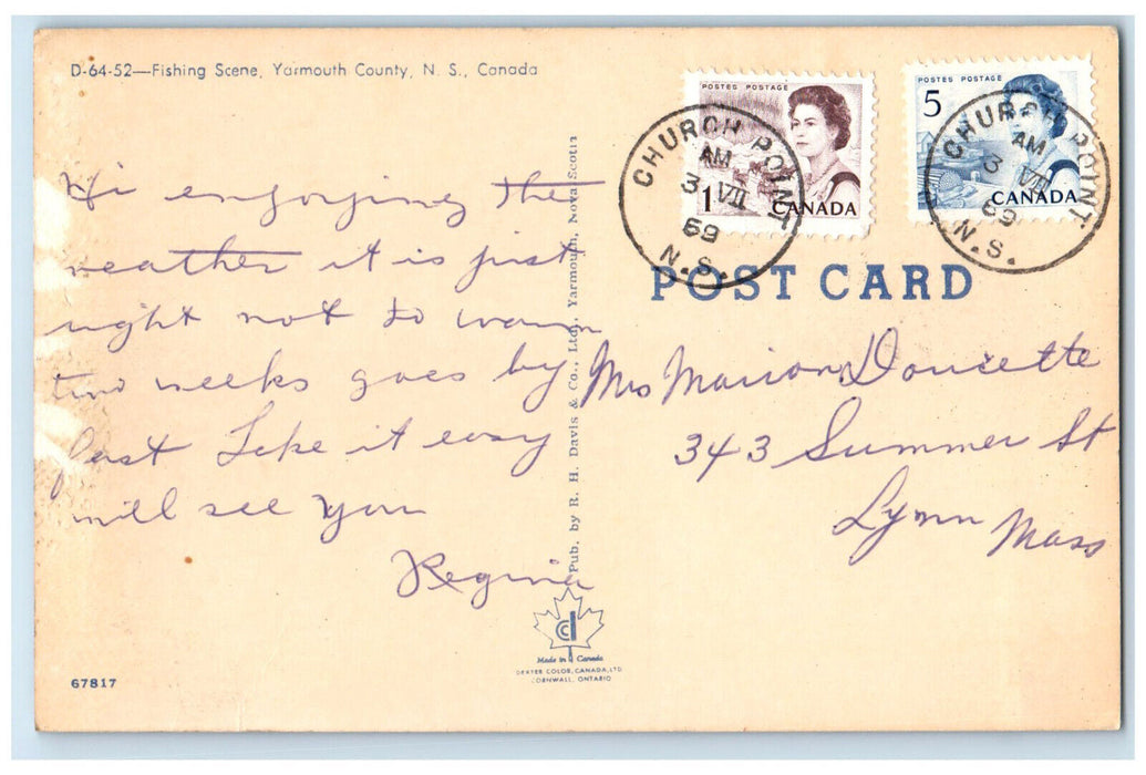 1959 Fishing Scene Yarmouth County Nova Scotia Canada Vintage Postcard