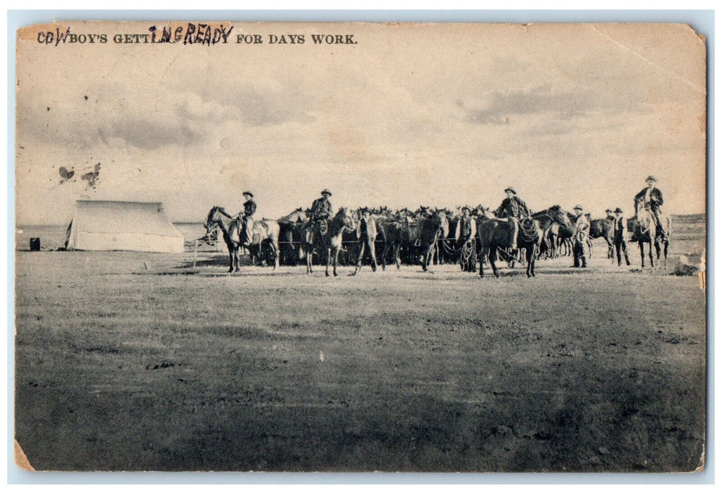 1917 Cowboys Getting Ready For Days Work Medicine Hat Alberta Canada Postcard