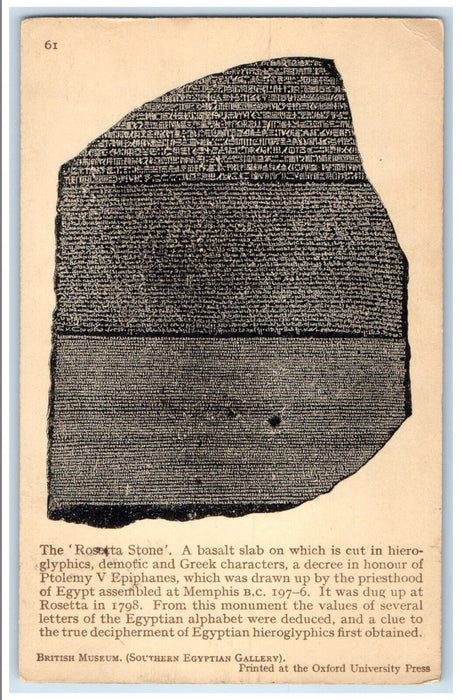 1923 The Rosetta Stone Basalt Slab in British Museum London England Postcard