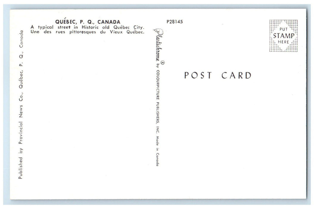 c1960's Typical Street Historic Old Quebec City Quebec Canada Postcard