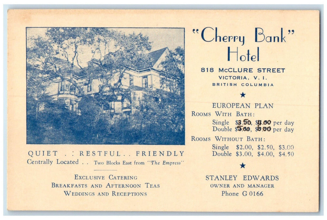 1948 Cherry Bank Hotel Victoria V.I. British Columbia Canada Postcard