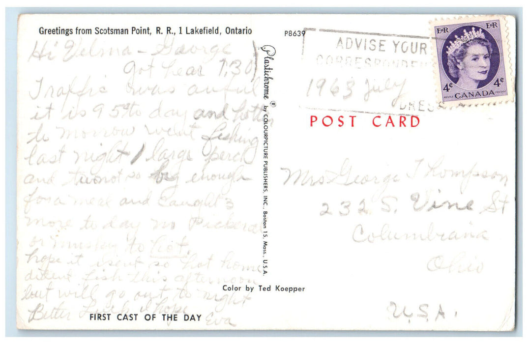 1963 Greetings from Scotsman Point Railroad Lakefield Ontario Canada Postcard