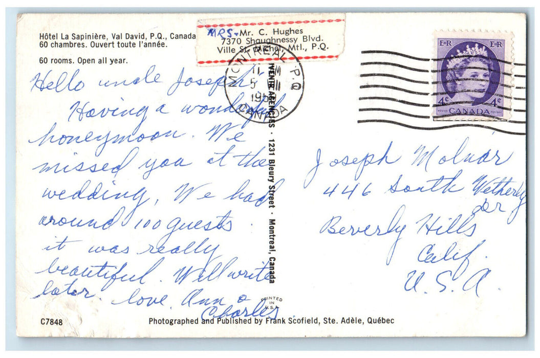 c1960's Hotel La Sapiniere Val David Quebec Canada Posted Vintage Postcard