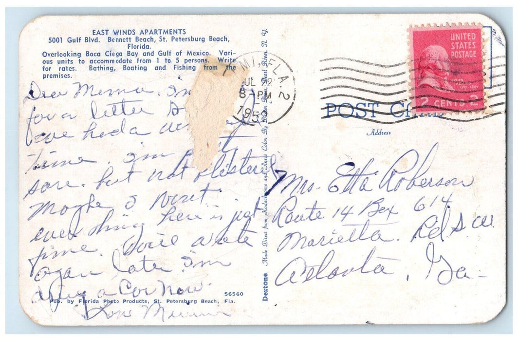 1952 Exterior View East Winds Apartments St Petersburg Beach Florida FL Postcard