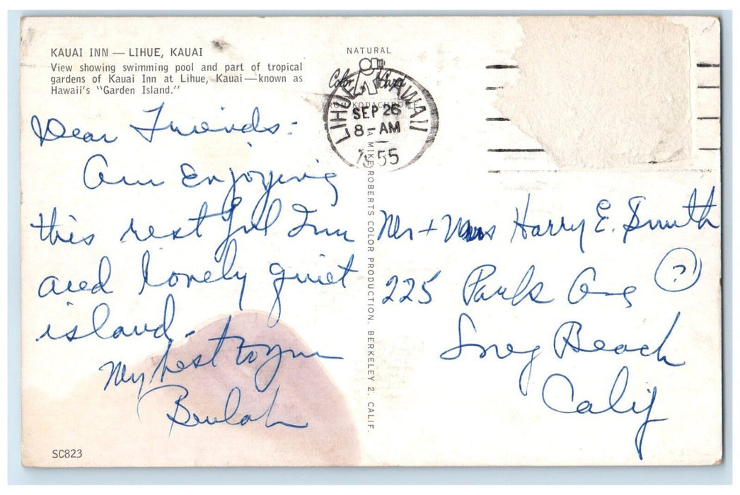 1955 Kauai Inn Ligue Kauai Swimming Pool Tropical Garden Island Hawaii Postcard
