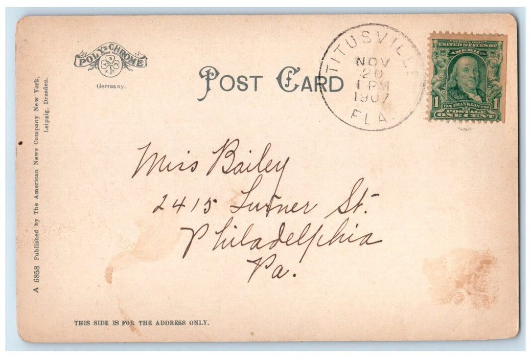 1907 Scene Park Horse Carriage Trees Titusville Florida FL Poly Chrome Postcard