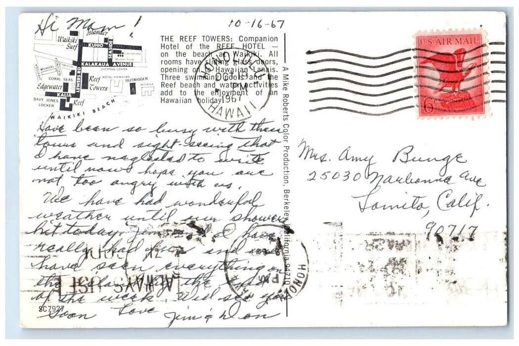 1967 Reef Towers Companion Hotel Reef Hotel Honolulu Hawaii HI Vintage Postcard