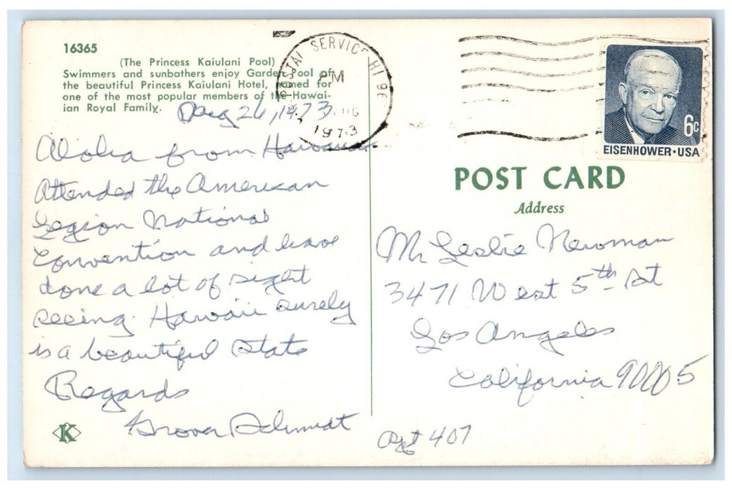 1973 Princess Kaiulani Pool Garden Pool Hotel Postal Service Hawaii HI Postcard