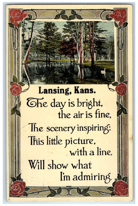 1914 Day Is Bright Poem Pond Goose Trees Lansing Kansas Vintage Antique Postcard
