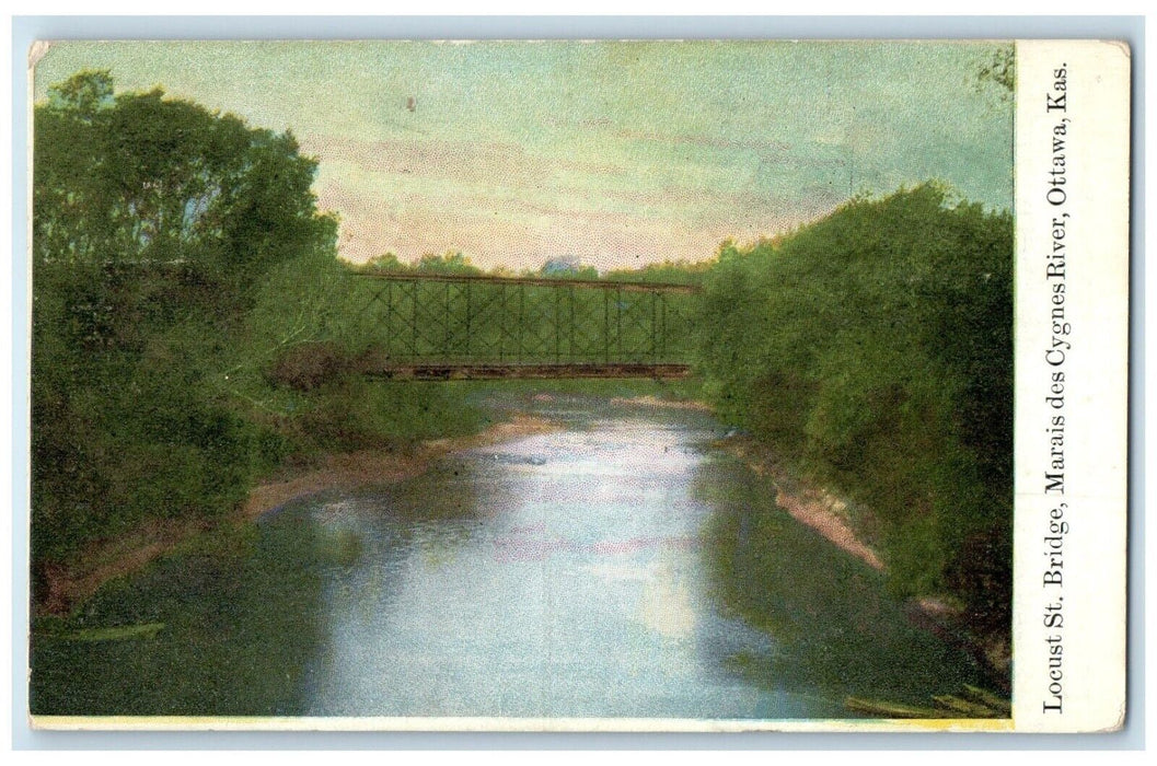 1914 Locust St. Bridge Marais Des Cygnes River Ottawa Kansas KS Vintage Postcard