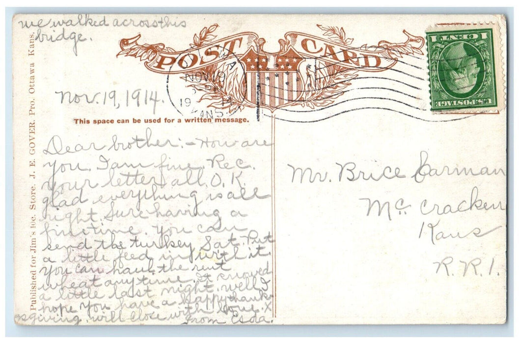 1914 Locust St. Bridge Marais Des Cygnes River Ottawa Kansas KS Vintage Postcard