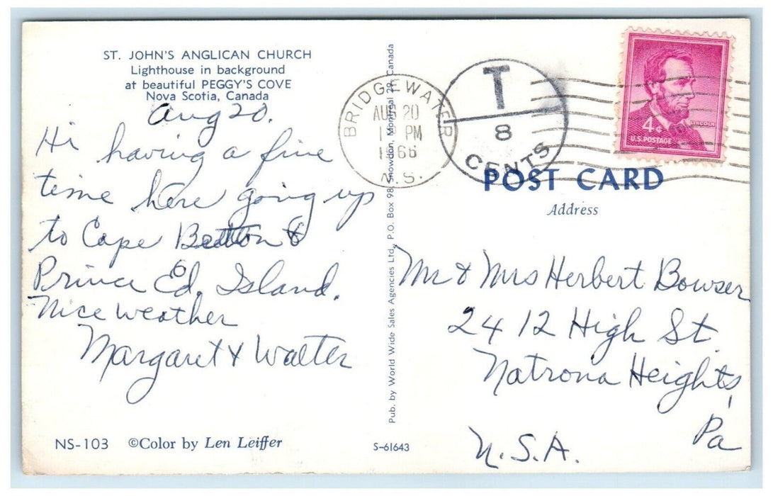 1966 St. John's Anglican Church Peggy's Cove Nova Scotia Canada 8 Cents Postcard