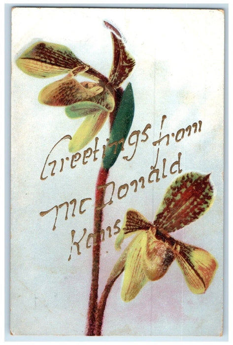 1907 Greetings From Flower Glitter Mc Donald Kansas KS Vintage Antique Postcard