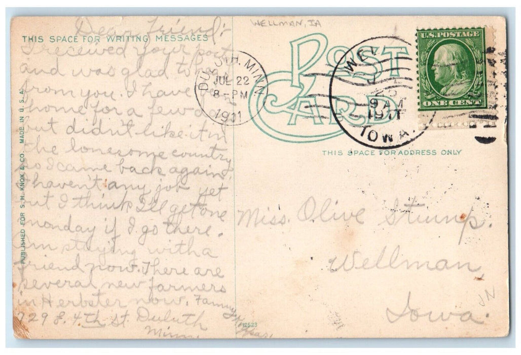 1911 Big Falls Lester Park River Lake Duluth Minnesota MN Wellman Iowa Postcard