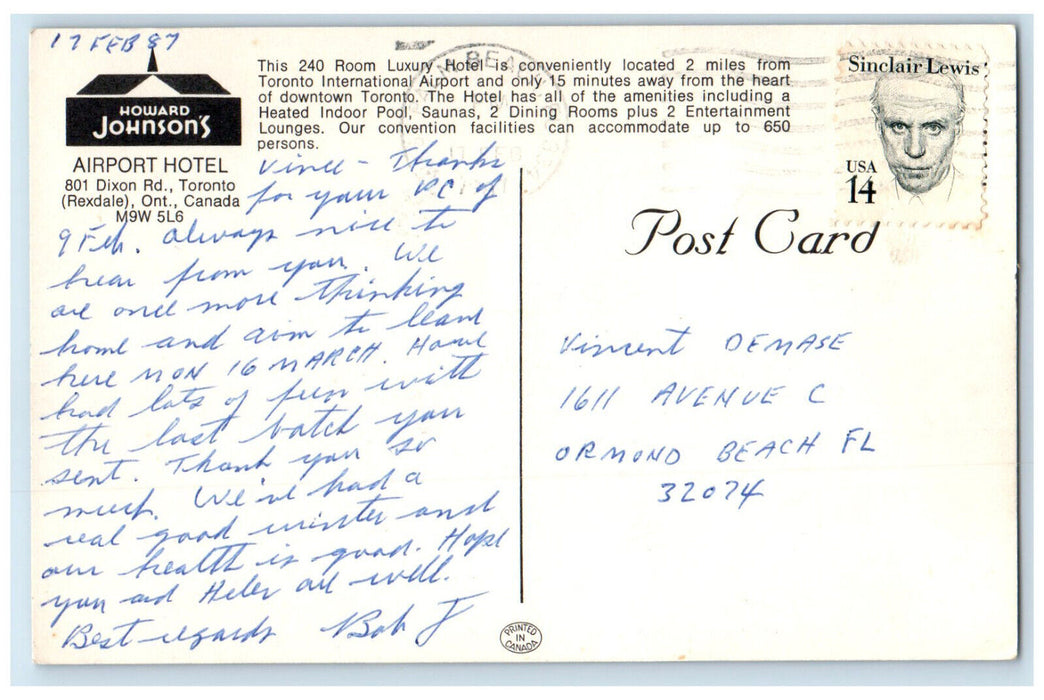 1987 Howard Johnson's Airport Hotel Toronto Ontario Canada Posted Postcard