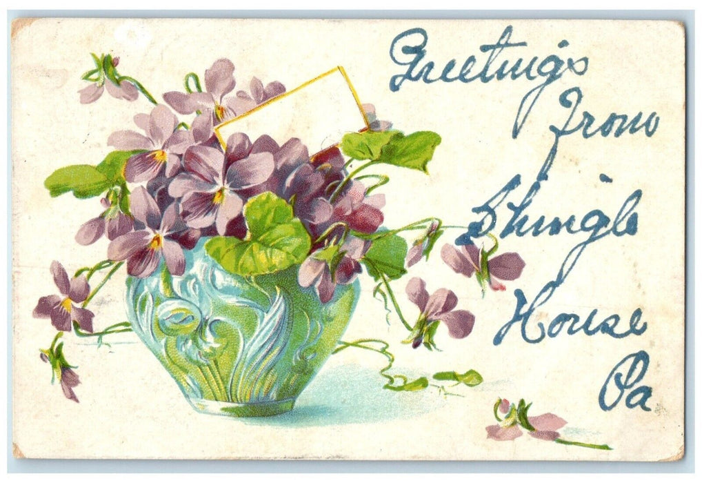 1908 Greetings From Shingle House Pennsylvania PA, Flowers Vase Antique Postcard