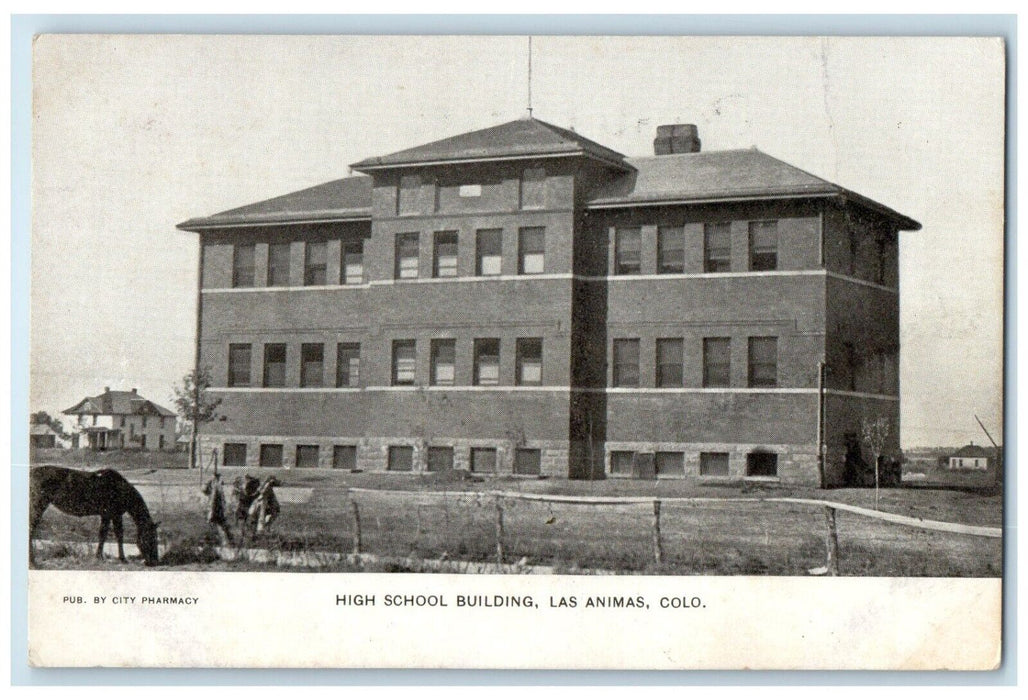 c1910 High School Building Exterior Building Field Las Animas Colorado Postcard