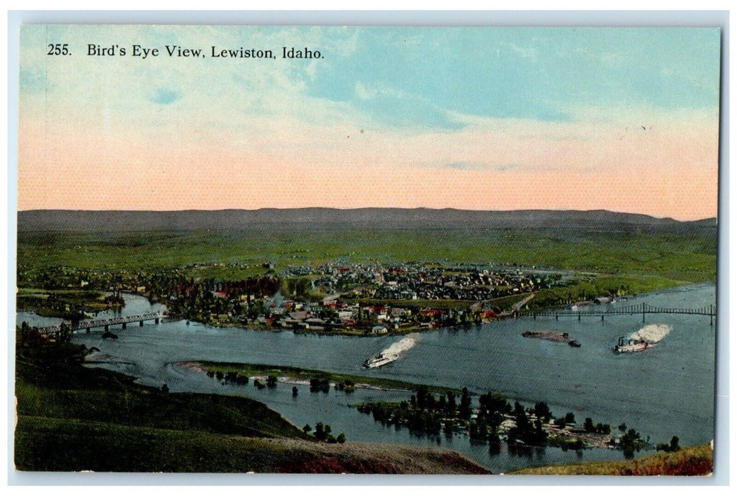 c1910 Bird's Eye View Steamer Ships Bridge River Lake Lewiston Idaho ID Postcard