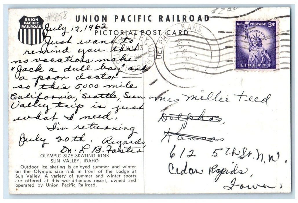 1962 Olympic Size Skating Rink Sun Valley Idaho Union Pacific Railroad Postcard
