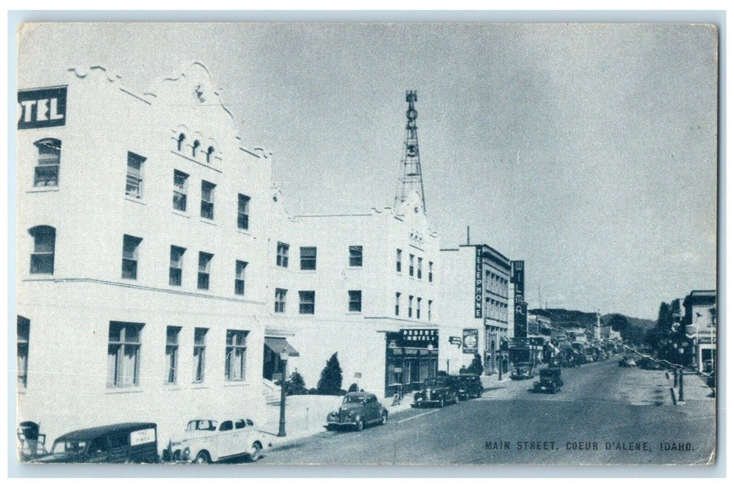 c1940 Main Street Exterior Building Coeur D'Alene Idaho Conoco Touraide Postcard