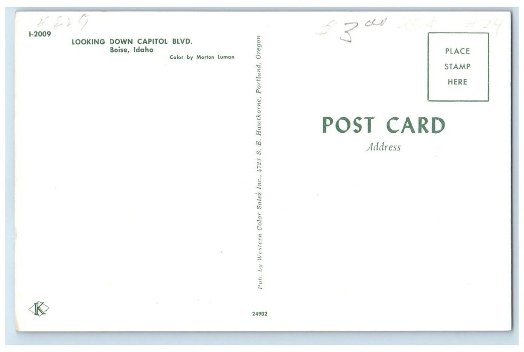 c1960 Looking Down Capitol Boulevard Road Exterior Building Boise Idaho Postcard